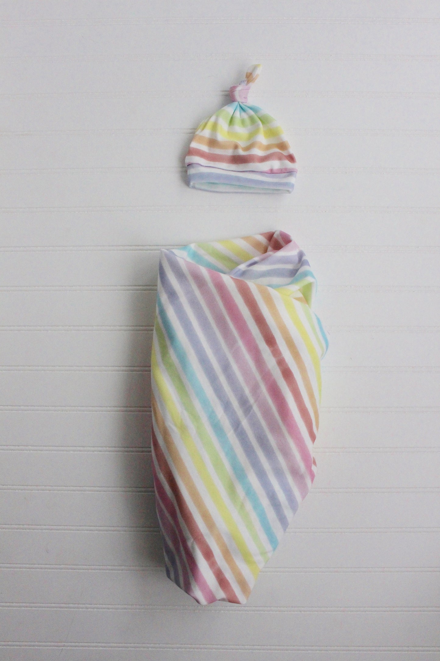 Swaddling Baby Blanket/Rainbow Stripe Blanket/Swaddle Set/Knot Hat/Organic/Gift for Baby/Rainbow Baby/Custom Fabric