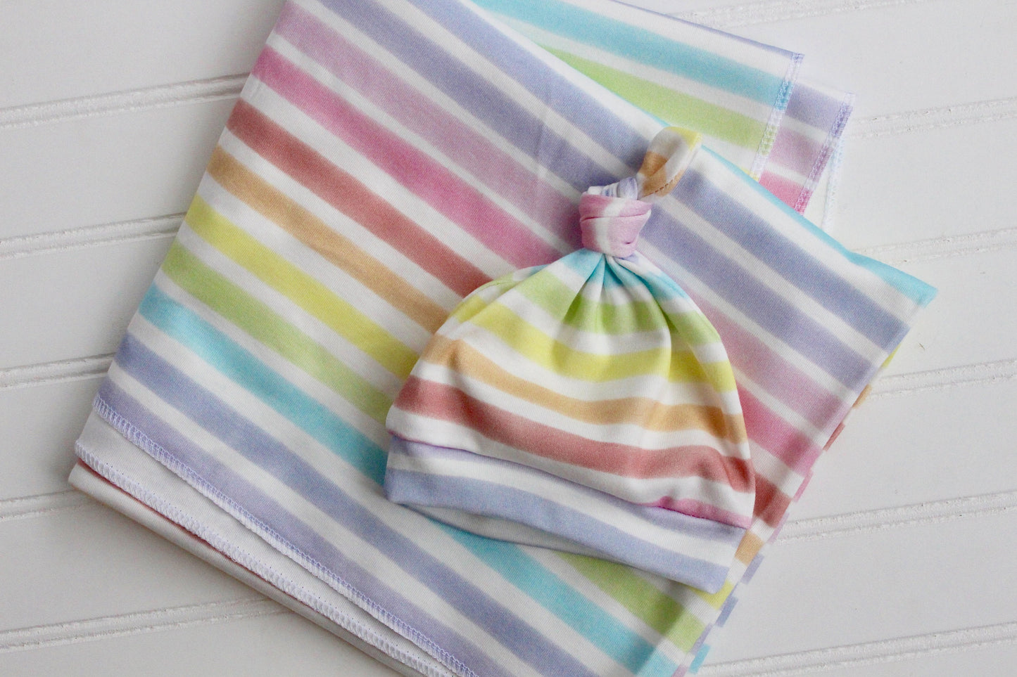 Swaddling Baby Blanket/Rainbow Stripe Blanket/Swaddle Set/Knot Hat/Organic/Gift for Baby/Rainbow Baby/Custom Fabric