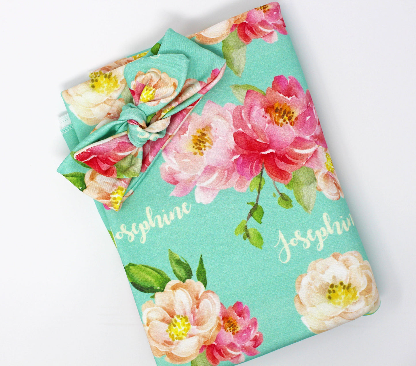 Personalized Bright Mint and Pink Watercolor Floral Baby Blanket Swaddle