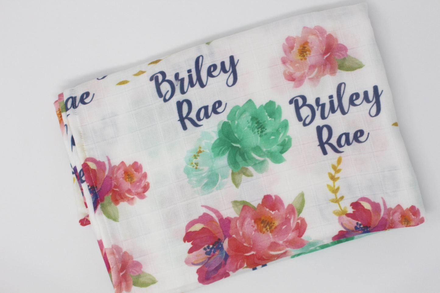 Coral, Mint and Gold Custom Name Baby Blanket | Floral Swaddle Baby Blanket