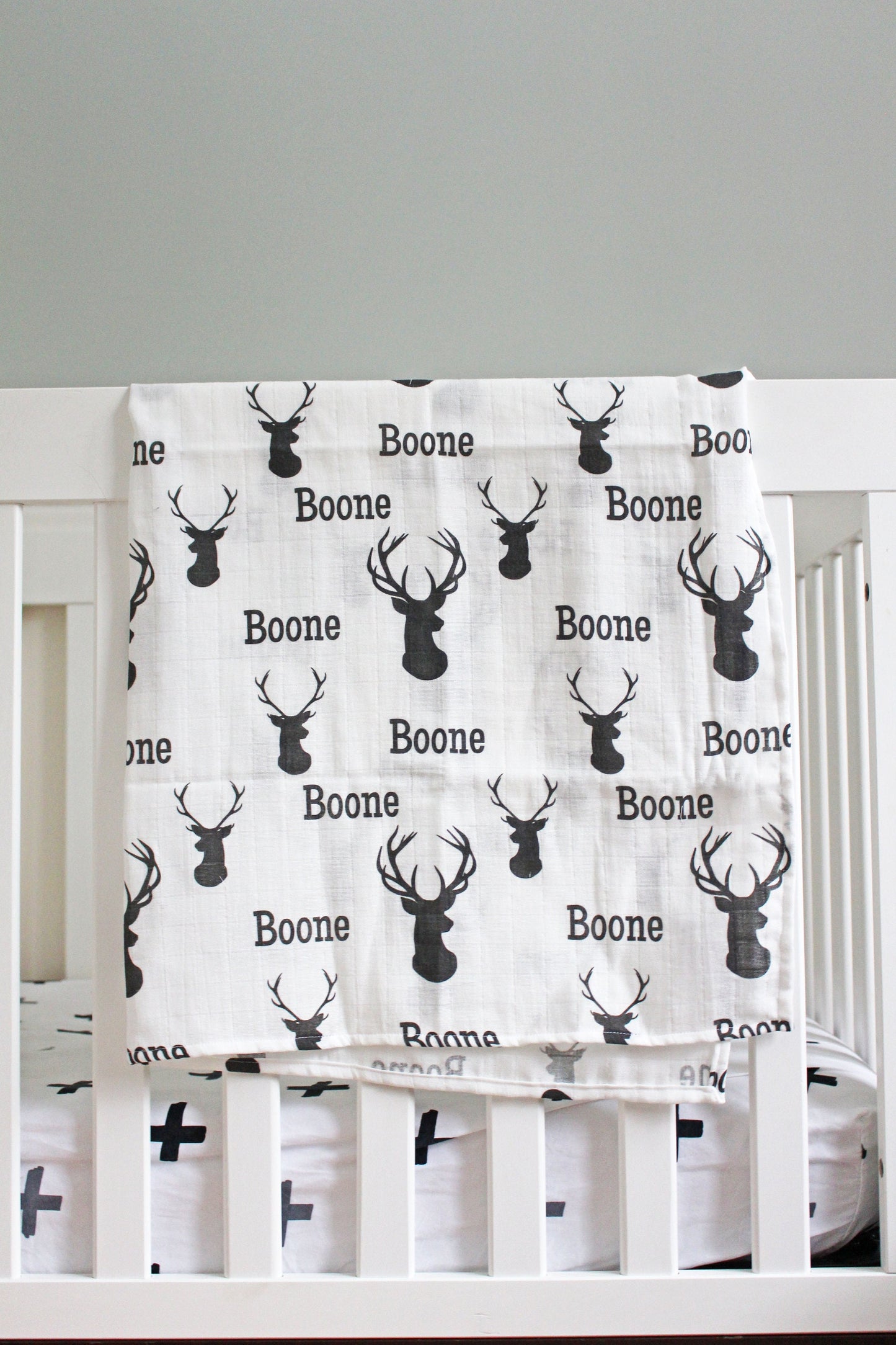 Personalized Rustic Woodland Deer Baby Blanket | Custom Name Swaddle | Southwestern | Elk Blanket | Black and White