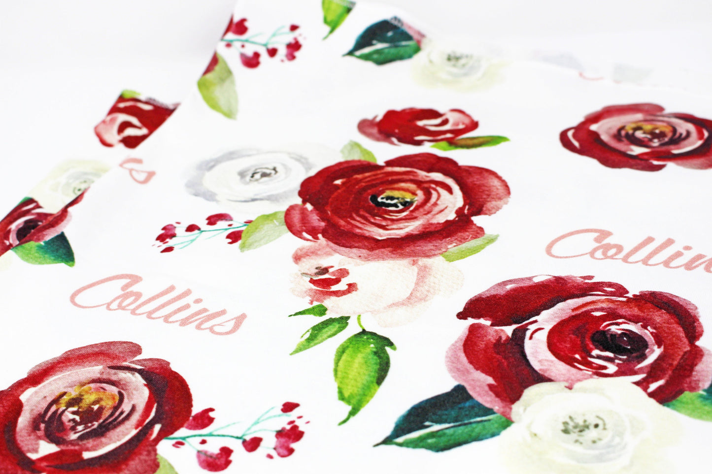 White Red and Pink Rose Personalized Baby Blanket | Floral Swaddle Blanket | Gift for Baby