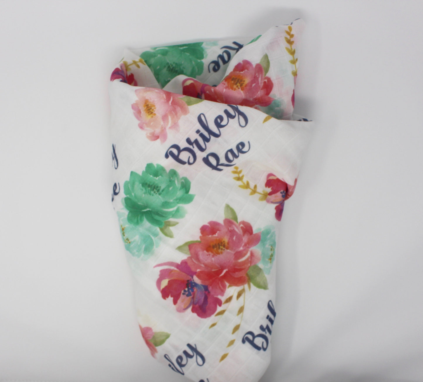 Coral, Mint and Gold Custom Name Baby Blanket | Floral Swaddle Baby Blanket