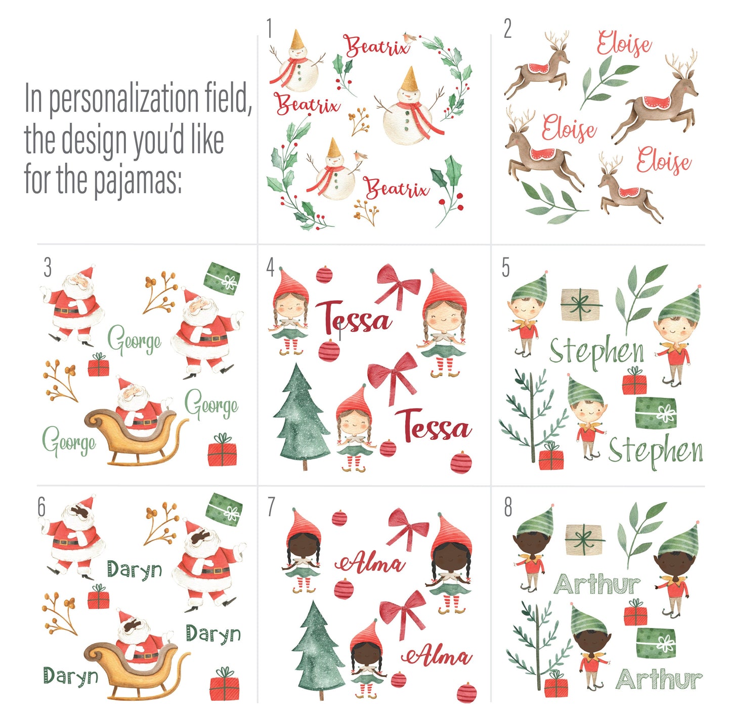 Personalized Christmas Pajamas for Infants, Children, and Families with Elves, Snowman, Reindeer, Santa, Holly, and Candy Canes