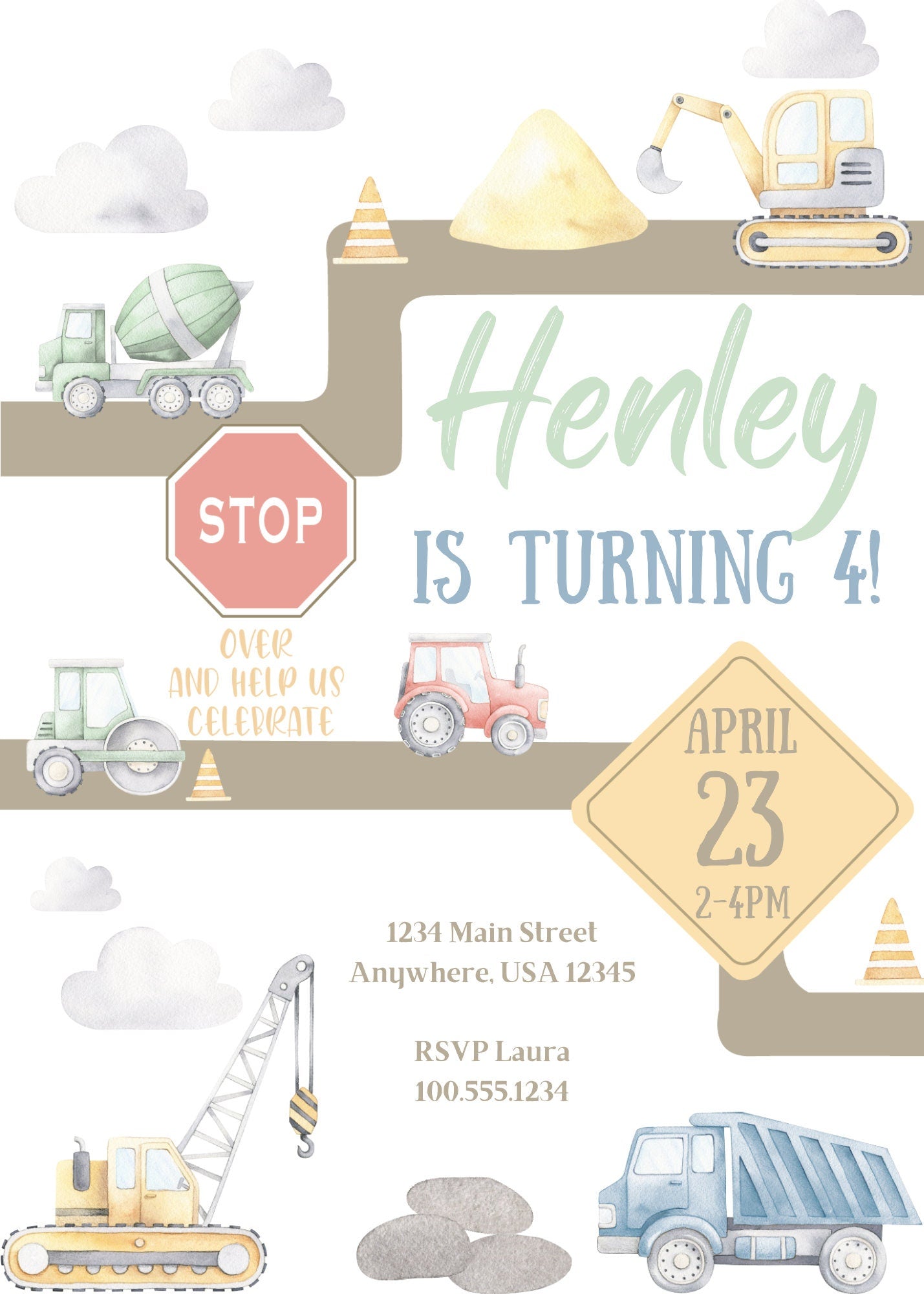 Construction Vehicle Birthday Party Invitation | Diggers | Dumptruck